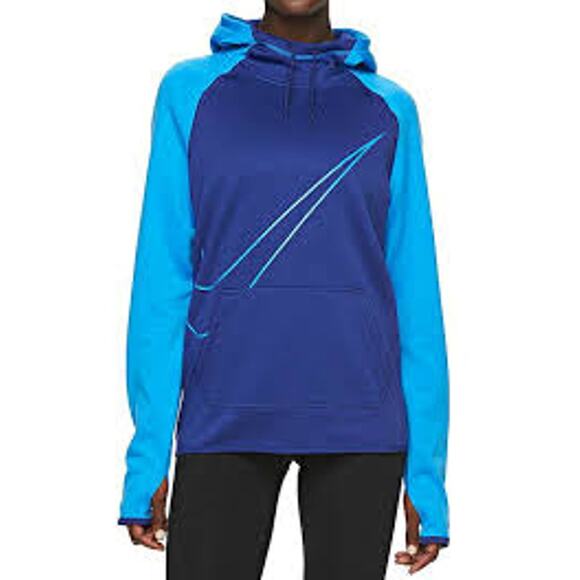 Nike Therma Swoosh Hoodie Pullover Colorblock Thumbhole Fleece Athletic Blue S - Picture 1 of 8